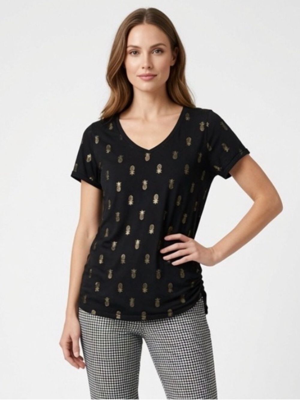 Lane Bryant Black Gold Foil Pineapple V-Neck Short Sleeve Tee 14/16